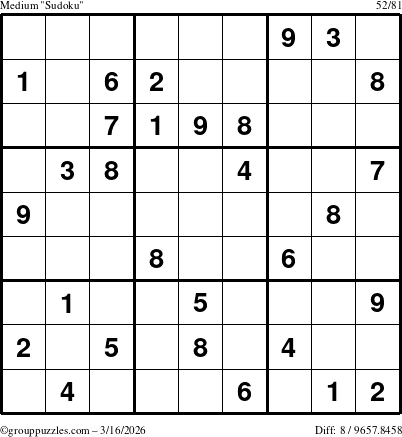 The grouppuzzles.com Medium Sudoku puzzle for Monday March 16, 2026