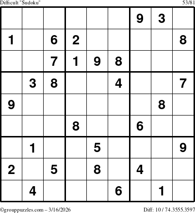 The grouppuzzles.com Difficult Sudoku puzzle for Monday March 16, 2026