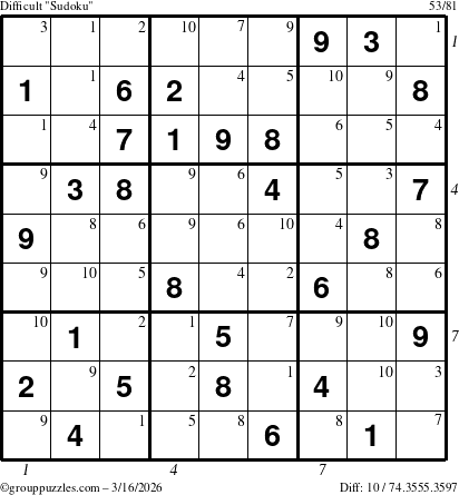 The grouppuzzles.com Difficult Sudoku puzzle for Monday March 16, 2026, suitable for printing, with all 10 steps marked