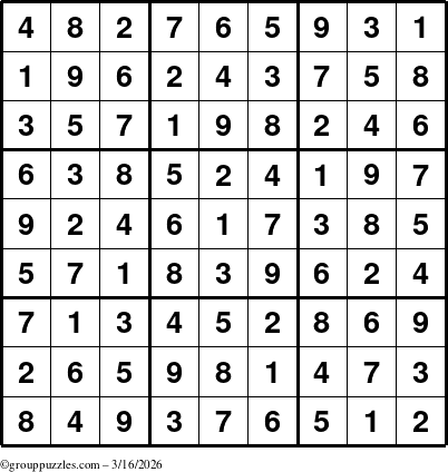 The grouppuzzles.com Answer grid for the Sudoku puzzle for Monday March 16, 2026