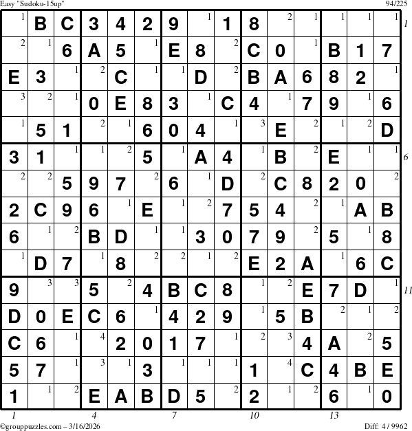 The grouppuzzles.com Easy Sudoku-15up puzzle for Monday March 16, 2026, suitable for printing, with all 4 steps marked