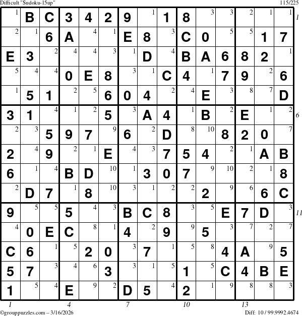 The grouppuzzles.com Difficult Sudoku-15up puzzle for Monday March 16, 2026, suitable for printing, with all 10 steps marked