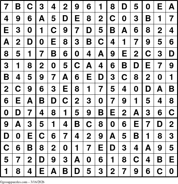The grouppuzzles.com Answer grid for the Sudoku-15up puzzle for Monday March 16, 2026