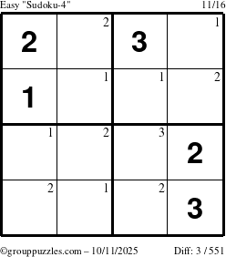 The grouppuzzles.com Easy Sudoku-4 puzzle for Saturday October 11, 2025 with the first 3 steps marked
