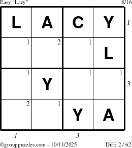 The grouppuzzles.com Easy Lacy puzzle for Saturday October 11, 2025, suitable for printing, with all 2 steps marked