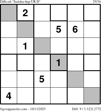 The grouppuzzles.com Difficult Sudoku-6up-UR-D puzzle for Saturday October 11, 2025