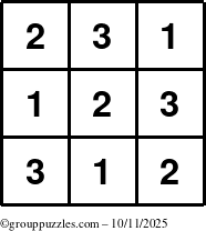 The grouppuzzles.com Answer grid for the TicTac-123 puzzle for Saturday October 11, 2025