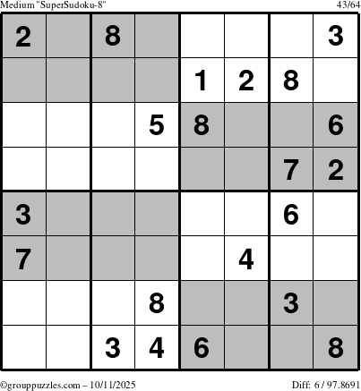 The grouppuzzles.com Medium SuperSudoku-8 puzzle for Saturday October 11, 2025