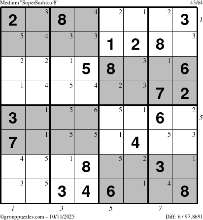 The grouppuzzles.com Medium SuperSudoku-8 puzzle for Saturday October 11, 2025 with all 6 steps marked