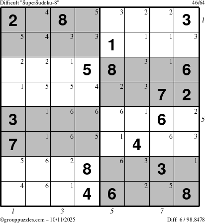 The grouppuzzles.com Difficult SuperSudoku-8 puzzle for Saturday October 11, 2025 with all 6 steps marked