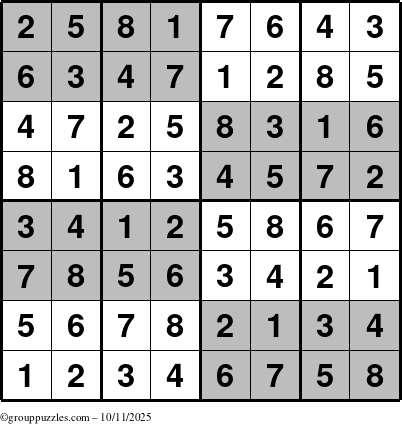 The grouppuzzles.com Answer grid for the SuperSudoku-8 puzzle for Saturday October 11, 2025
