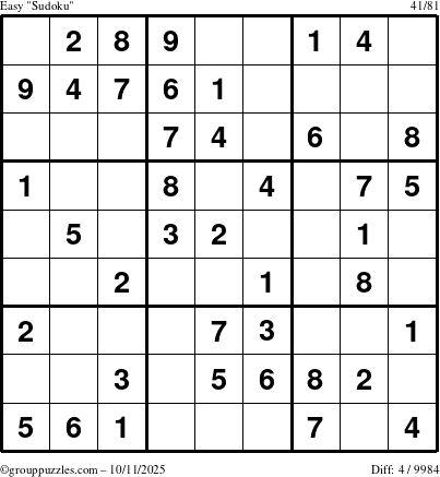 The grouppuzzles.com Easy Sudoku puzzle for Saturday October 11, 2025