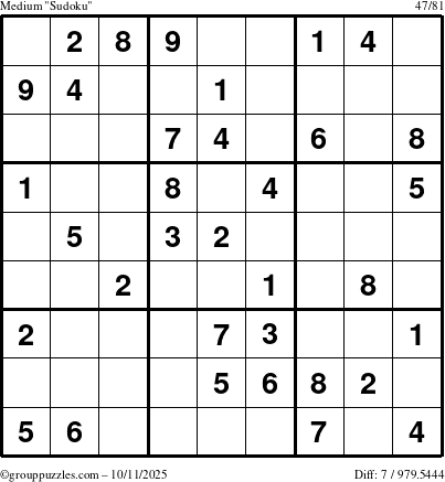 The grouppuzzles.com Medium Sudoku puzzle for Saturday October 11, 2025