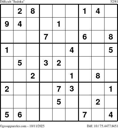 The grouppuzzles.com Difficult Sudoku puzzle for Saturday October 11, 2025