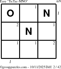 The grouppuzzles.com Easy TicTac-MNO puzzle for Saturday October 11, 2025 with all 2 steps marked