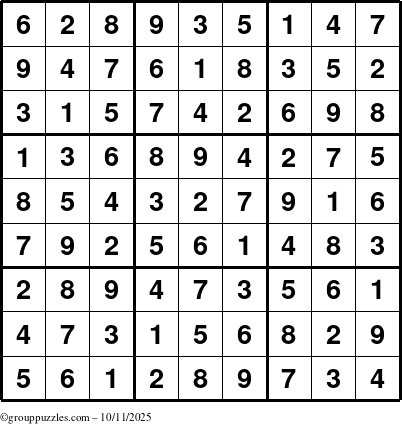 The grouppuzzles.com Answer grid for the Sudoku puzzle for Saturday October 11, 2025