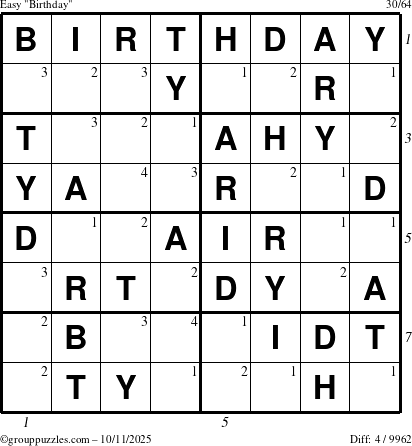 The grouppuzzles.com Easy Birthday puzzle for Saturday October 11, 2025 with all 4 steps marked