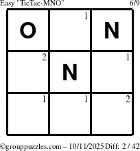 The grouppuzzles.com Easy TicTac-MNO puzzle for Saturday October 11, 2025 with the first 2 steps marked