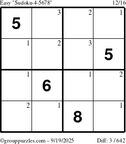 The grouppuzzles.com Easy Sudoku-4-5678 puzzle for Friday September 19, 2025 with the first 3 steps marked