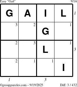 The grouppuzzles.com Easy Gail puzzle for Friday September 19, 2025, suitable for printing, with all 3 steps marked