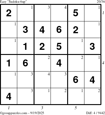 The grouppuzzles.com Easy Sudoku-6up puzzle for Friday September 19, 2025, suitable for printing, with all 4 steps marked