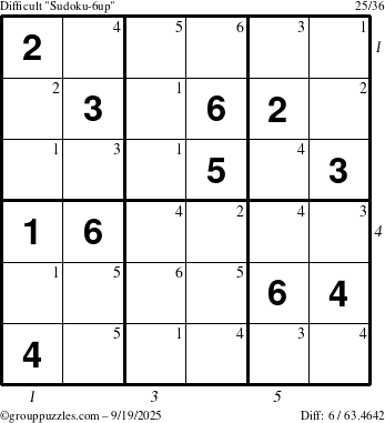 The grouppuzzles.com Difficult Sudoku-6up puzzle for Friday September 19, 2025 with all 6 steps marked