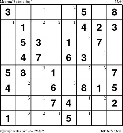 The grouppuzzles.com Medium Sudoku-8up puzzle for Friday September 19, 2025 with the first 3 steps marked