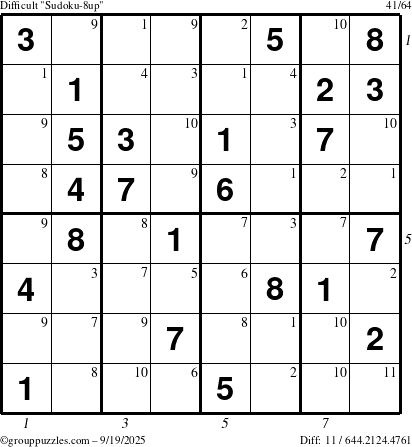 The grouppuzzles.com Difficult Sudoku-8up puzzle for Friday September 19, 2025, suitable for printing, with all 11 steps marked