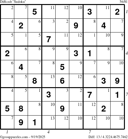 The grouppuzzles.com Difficult Sudoku puzzle for Friday September 19, 2025, suitable for printing, with all 13 steps marked