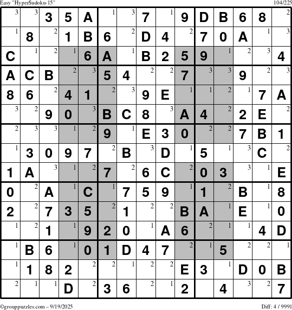 The grouppuzzles.com Easy HyperSudoku-15 puzzle for Friday September 19, 2025 with the first 3 steps marked