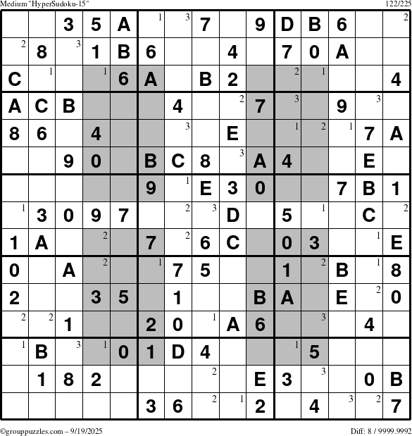 The grouppuzzles.com Medium HyperSudoku-15 puzzle for Friday September 19, 2025 with the first 3 steps marked
