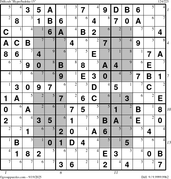 The grouppuzzles.com Difficult HyperSudoku-15 puzzle for Friday September 19, 2025, suitable for printing, with all 9 steps marked