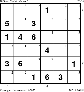 The grouppuzzles.com Difficult Sudoku-Junior puzzle for Monday April 14, 2025, suitable for printing, with all 4 steps marked