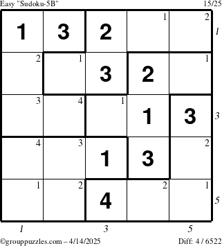 The grouppuzzles.com Easy Sudoku-5B puzzle for Monday April 14, 2025 with all 4 steps marked