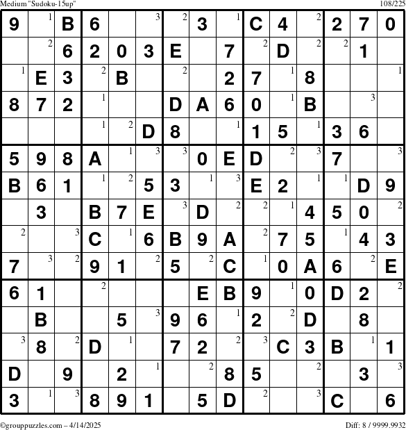 The grouppuzzles.com Medium Sudoku-15up puzzle for Monday April 14, 2025 with the first 3 steps marked