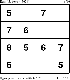 The grouppuzzles.com Easy Sudoku-4-5678 puzzle for Monday August 24, 2026