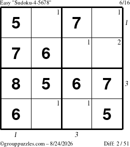 The grouppuzzles.com Easy Sudoku-4-5678 puzzle for Monday August 24, 2026, suitable for printing, with all 2 steps marked