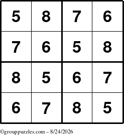 The grouppuzzles.com Answer grid for the Sudoku-4-5678 puzzle for Monday August 24, 2026