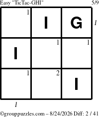 The grouppuzzles.com Easy TicTac-GHI puzzle for Monday August 24, 2026 with all 2 steps marked