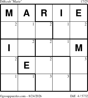 The grouppuzzles.com Difficult Marie puzzle for Monday August 24, 2026 with the first 3 steps marked