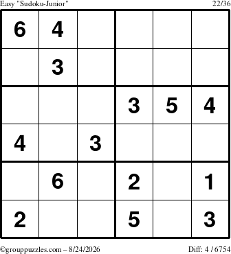 The grouppuzzles.com Easy Sudoku-Junior puzzle for Monday August 24, 2026