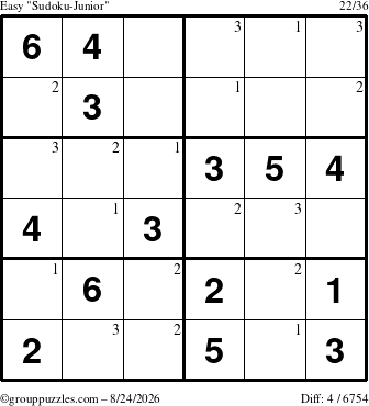 The grouppuzzles.com Easy Sudoku-Junior puzzle for Monday August 24, 2026 with the first 3 steps marked