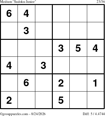 The grouppuzzles.com Medium Sudoku-Junior puzzle for Monday August 24, 2026