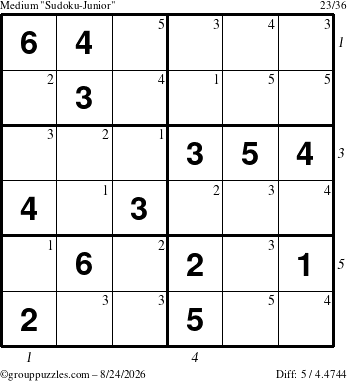 The grouppuzzles.com Medium Sudoku-Junior puzzle for Monday August 24, 2026 with all 5 steps marked