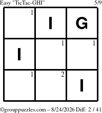 The grouppuzzles.com Easy TicTac-GHI puzzle for Monday August 24, 2026 with the first 2 steps marked
