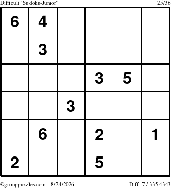 The grouppuzzles.com Difficult Sudoku-Junior puzzle for Monday August 24, 2026