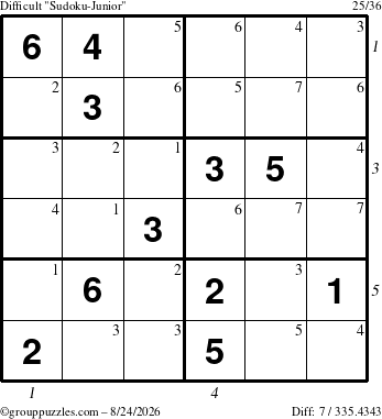 The grouppuzzles.com Difficult Sudoku-Junior puzzle for Monday August 24, 2026 with all 7 steps marked