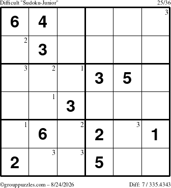 The grouppuzzles.com Difficult Sudoku-Junior puzzle for Monday August 24, 2026 with the first 3 steps marked