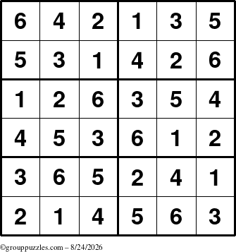 The grouppuzzles.com Answer grid for the Sudoku-Junior puzzle for Monday August 24, 2026
