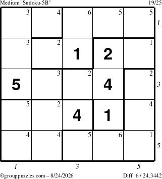The grouppuzzles.com Medium Sudoku-5B puzzle for Monday August 24, 2026 with all 6 steps marked